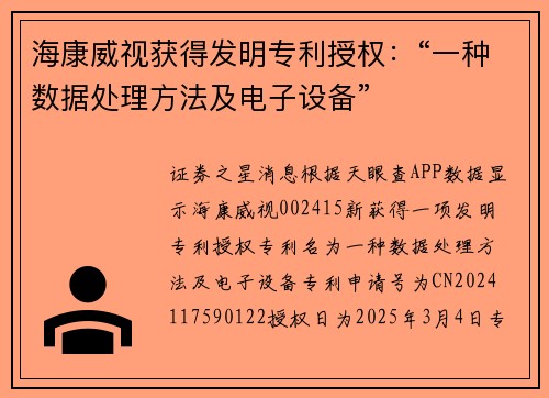 海康威视获得发明专利授权：“一种数据处理方法及电子设备”