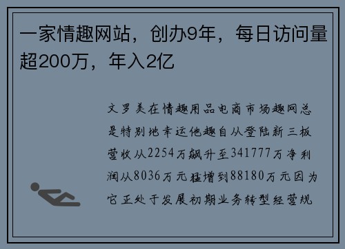 一家情趣网站，创办9年，每日访问量超200万，年入2亿