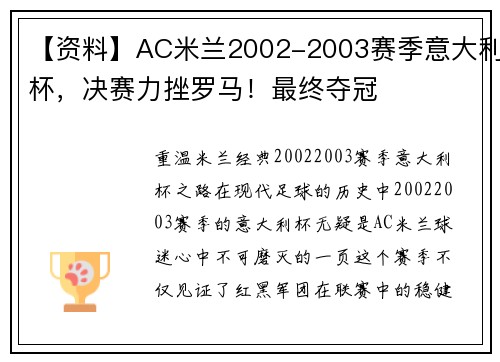【资料】AC米兰2002-2003赛季意大利杯，决赛力挫罗马！最终夺冠